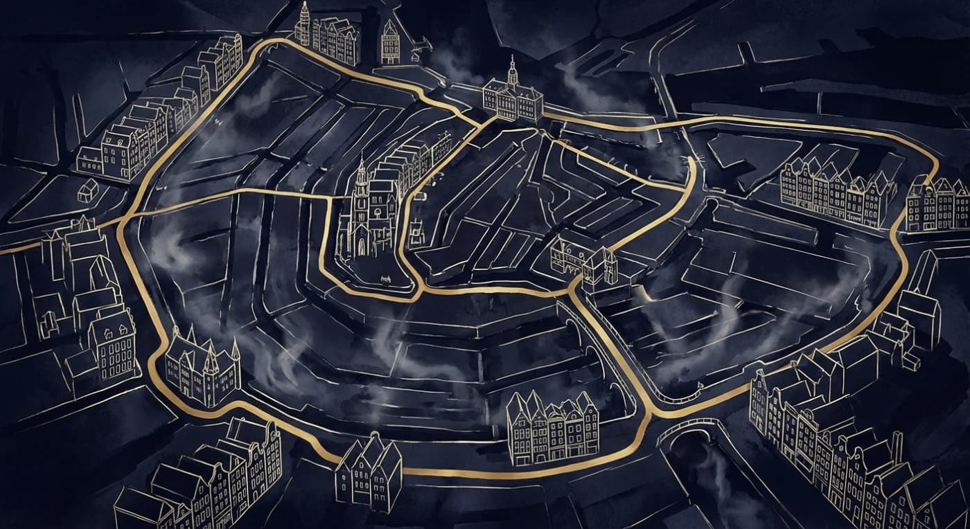 Bird's eye view of Amsterdam canal ring at twilight