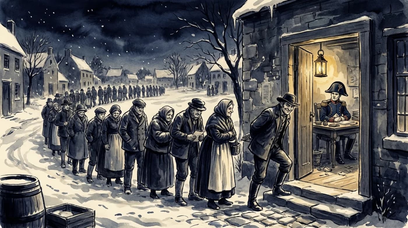 Dutch farmers queuing outside a village hall in 1811 to register surnames
